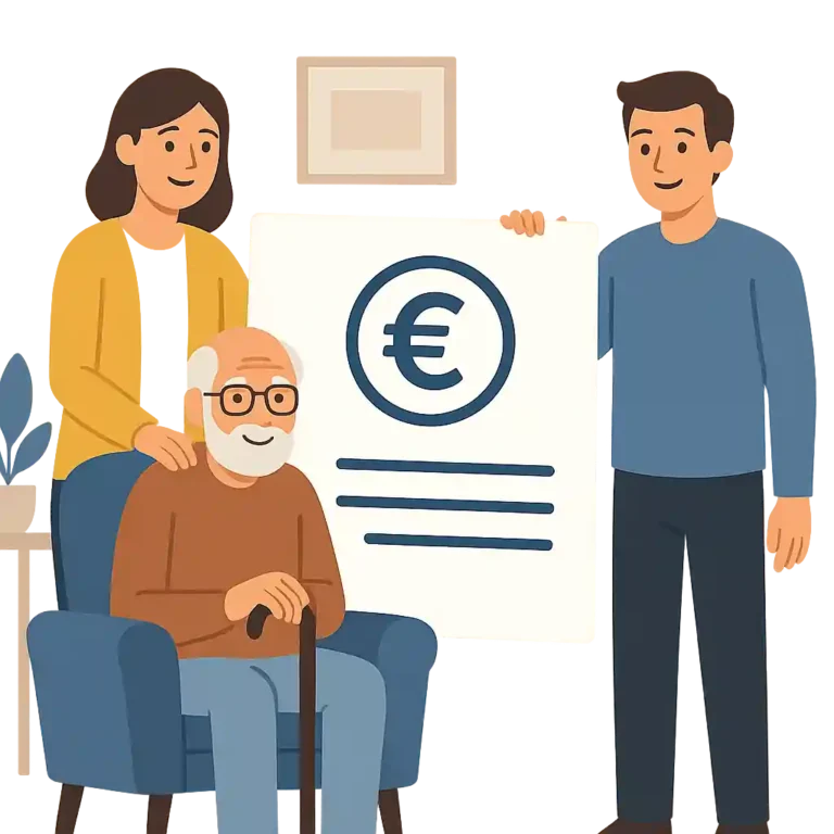 Eine freundliche Alltagsszene zeigt zwei Angehörige, die einen älteren Mann im Sessel betreuen. Sie halten ein großes Dokument mit Euro-Symbol, das symbolisch für finanzielle Unterstützung in der Pflege steht.
