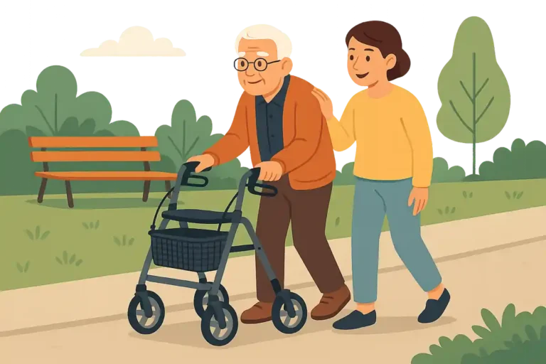 Ein älterer Mann geht mit Rollator, unterstützt von einer jüngeren Frau. Beide bewegen sich gemeinsam in eine Richtung, ruhig und harmonisch.