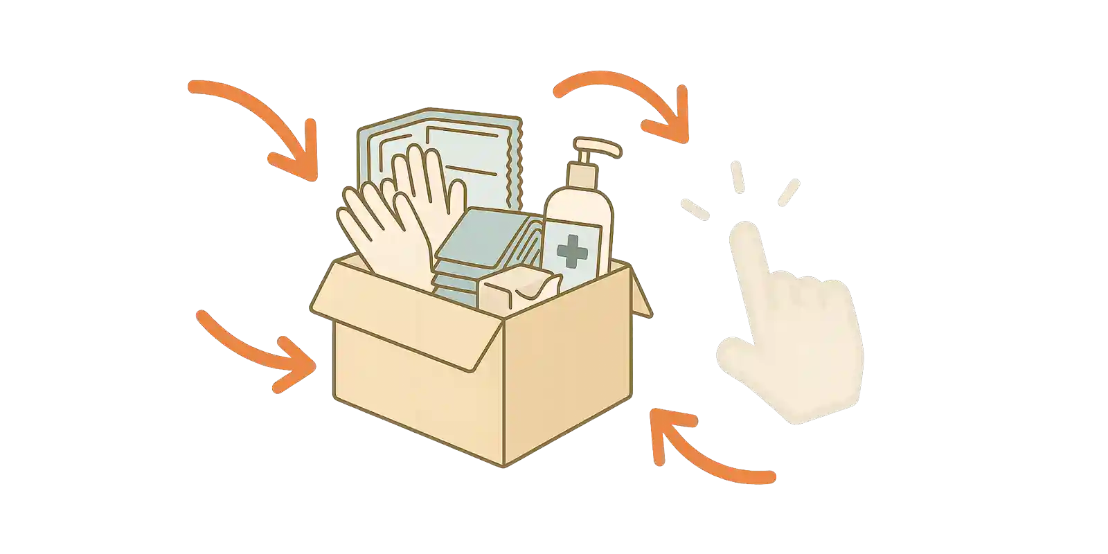 Pflegehilfsmittelbox mit Pfeilen und Klickhand