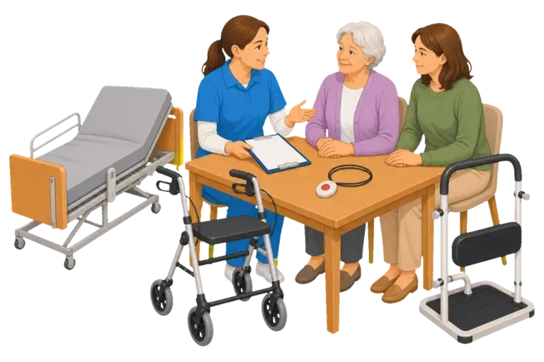 Pflegekraft erklärt einer älteren Frau technische Pflegehilfsmittel wie Pflegebett, Aufstehhilfe, Rollator und Hausnotruf.
