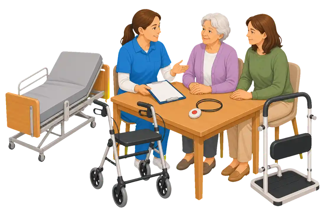 Pflegekraft erklärt einer älteren Frau technische Pflegehilfsmittel wie Pflegebett, Aufstehhilfe, Rollator und Hausnotruf.